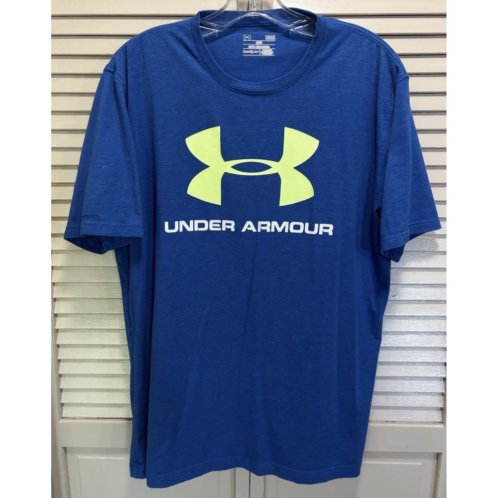Under Armour Loose Fit Graphic Logo T-shirt Size L Short Sleeve Crew Blue/Yellow